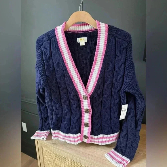 NWT • Anthropologie Maeve Varsity Cable Knit Cardigan Sweater Navy/Pink Small - Picture 2 of 9